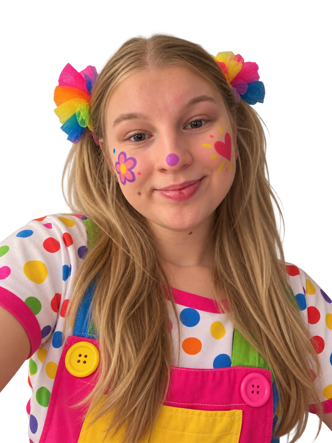 Jana Wallner in bunter Clownskostümierung mit Kinderschminken-Blume und Herz auf den Wangen